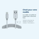 Accessoire ajusté au modèle exact – Cable Nylon Renforce Longeur 2M Couleur Argent X2 Pour iPhone SE 2020 / X / Xr / 11 / 12