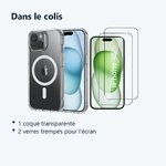 Contenu du colis – Coque Silicone Transparente Compatible Magsafe + 2 Verres Trempes Pour iPhone 15
