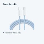Contenu du colis – Cable Type-C Charge Rapide 3A Nylon Renforce Bleu 1m Pour iPhone 8 / X / XR / 11 / 12 / 13 / SE 2022