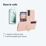Contenu du colis – Coque Silicone Pour Samsung S22 5G Couleur Rose Avec Anneau Support + 2 Verres Trempe Protection Ecran