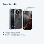 Contenu du colis – Coque Pour iPhone 16 Pro Max Silicone Transparente Angles Renforces + 2 Verres Trempes