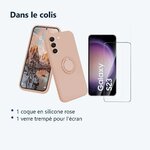 Contenu du colis – Coque Silicone Pour Samsung S23 5G Couleur Rose Avec Anneau Support + Verre Trempe Protection Ecran