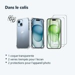 Contenu du colis – Coque Silicone Transparente Angles Renforces + Verres Trempes et Protections Camera Arriere X2 Pour iPhone
