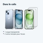Contenu du colis – Coque Silicone Transparente Angles Renforces + 2 Verres Trempes Pour iPhone 15 Plus
