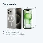 Contenu du colis – Coque Silicone Transparente Compatible Magsafe + 2 Verres Trempes Pour iPhone 15 Pro Max