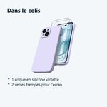 Contenu du colis – Coque Silicone Violet + 2 Verres Trempes Pour iPhone 15 Plus