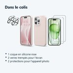 Contenu du colis – Coque Silicone Rose + Verres Trempes et Protections Camera Arriere X2 Pour iPhone 15 Pro Max