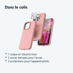 Contenu du colis – Coque Silicone Rose + Verres Trempes et Protections Camera Arriere X2 Pour iPhone 13 Pro
