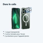 Contenu du colis – Coque Silicone Transparente Compatible Magsafe + Verres Trempes et Protections Camera Arriere X2 Pour iPho