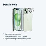 Contenu du colis – Coque Silicone Transparente + Verres Trempes et Protections Camera Arriere X2 Pour iPhone 15