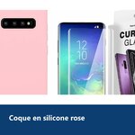 Vue de détail – Coque Souple Silicone Pour Samsung Galaxy S10 Plus Rose + Verre Trempé Anti chocs et Rayures Vitre de Protect