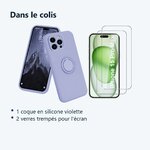 Contenu du colis – Coque Silicone Pour iPhone 15 Pro Max Couleur Violet Avec Anneau Support + 2 Verres Trempe Protection Ecra
