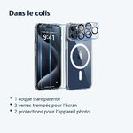 Contenu du colis – Coque Silicone Transparente Compatible Magsafe + Verres Trempes et Protections Camera Arriere X2 Pour iPho