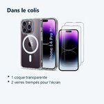 Contenu du colis – Coque Silicone Transparente Compatible Magsafe + 2 Verres Trempes Pour iPhone 14 Pro Max