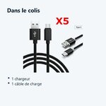 Contenu du colis – X5 Câble Metal Nylon Renforcé Chargeur USB/Type C Longueur 2m Couleur Noir Compatible Samsung LG Sony Wiko