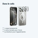 Contenu du colis – Coque Silicone Transparente Compatible Magsafe + Verres Trempes et Protections Camera Arriere X2 Pour iPho
