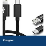 Vue de détail – Câble Metal Nylon Renforcé Chargeur USB/Type C Longueur 2m Couleur Noir Compatible Samsung LG Sony Wiko Black