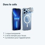 Contenu du colis – Coque Silicone Transparente Compatible Magsafe + Verres Trempes et Protections Camera Arriere X2 Pour iPho
