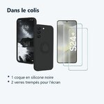 Contenu du colis – Coque Silicone Pour Samsung Galaxy S24 Plus Couleur Noir Avec Anneau Support + 2 Verres Trempe Protection