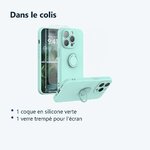 Contenu du colis – Coque Silicone Pour iPhone 14 Pro Max Couleur Vert Avec Anneau Support + Verre Trempe Protection Ecran
