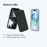 Contenu du colis – Coque Silicone Pour iPhone 15 Pro Max Couleur Noir Avec Anneau Support + Verre Trempe Protection Ecran
