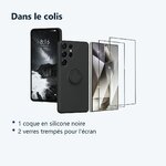 Contenu du colis – Coque Silicone Pour Samsung Galaxy S24 Ultra Couleur Noir Avec Anneau Support + 2 Verres Trempe Protection