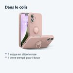 Contenu du colis – Coque Silicone Pour iPhone 16 Plus Couleur Rose Avec Anneau Support + Verre Trempe Protection Ecran