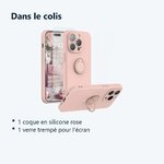 Contenu du colis – Coque Silicone Pour iPhone 14 Pro Max Couleur Rose Avec Anneau Support + Verre Trempe Protection Ecran
