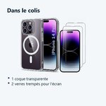 Contenu du colis – Coque Silicone Transparente Compatible Magsafe + 2 Verres Trempes Pour iPhone 14 Pro