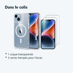 Contenu du colis – Coque Silicone Transparente Compatible Magsafe + 2 Verres Trempes Pour iPhone 14 Plus