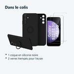 Contenu du colis – Coque Silicone Pour Samsung Galaxy S23 FE Couleur Noir Avec Anneau Support + 2 Verres Trempe Protection Ec