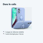 Contenu du colis – Coque Silicone Pour iPhone 16 Couleur Violet Avec Anneau Support + Verre Trempe Protection Ecran