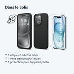 Contenu du colis – Coque Silicone Noir + Verre Trempe et Protection Camera Arriere Pour iPhone 15 Pro Max