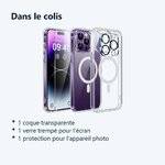 Contenu du colis – Coque Silicone Transparente Compatible Magsafe + Verre Trempes et Protection Camera Arriere Pour iPhone 14