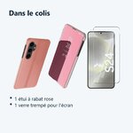 Contenu du colis – Coque Folio Rabat Miroir Pour Samsung Galaxy S24 Couleur Rose + Verre Trempe Protection Ecran