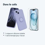 Contenu du colis – Coque Silicone Pour iPhone 15 Plus Couleur Violet Avec Anneau Support + Verre Trempe Protection Ecran