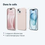 Contenu du colis – Coque Silicone Rose + Verre Trempe Pour iPhone 15