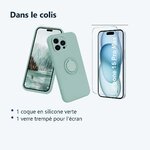 Contenu du colis – Coque Silicone Pour iPhone 15 Pro Max Couleur Vert Avec Anneau Support + Verre Trempe Protection Ecran