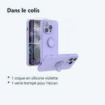 Contenu du colis – Coque Silicone Pour iPhone 14 Pro Couleur Violet Avec Anneau Support + Verre Trempe Protection Ecran