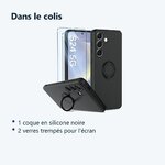 Contenu du colis – Coque Silicone Pour Samsung Galaxy S24 Couleur Noir Avec Anneau Support + 2 Verres Trempe Protection Ecran