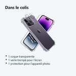 Contenu du colis – Coque Silicone Transparente Angles Renforces + Verre Trempe et Protection Camera Arriere Pour iPhone 14 Pr
