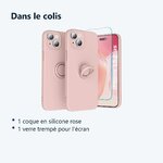 Contenu du colis – Coque Silicone Pour iPhone 15 Plus Couleur Rose Avec Anneau Support + Verre Trempe Protection Ecran