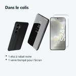Contenu du colis – Coque Folio Rabat Miroir Pour Samsung Galaxy S24 Plus Couleur Noir + Verre Trempe Protection Ecran