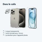 Contenu du colis – Coque Silicone Transparente Angles Renforces + Verre Trempe et Protection Camera Arriere Pour iPhone 15 Pr