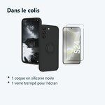 Contenu du colis – Coque Silicone Pour Samsung Galaxy S24 Couleur Noir Avec Anneau Support + Verre Trempe Protection Ecran