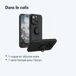 Contenu du colis – Coque Silicone Pour iPhone 14 Pro Couleur Noir Avec Anneau Support + Verre Trempe Protection Ecran