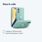 Contenu du colis – Coque Silicone Pour iPhone 16 Couleur Vert Avec Anneau Support + Verre Trempe Protection Ecran