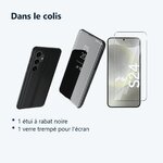 Contenu du colis – Coque Folio Rabat Miroir Pour Samsung Galaxy S24 Couleur Noir + Verre Trempe Protection Ecran
