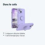Contenu du colis – Coque Silicone Pour iPhone 14 Plus Couleur Violet Avec Anneau Support + Verre Trempe Protection Ecran