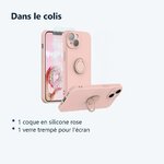 Contenu du colis – Coque Silicone Pour iPhone 14 Plus Couleur Rose Avec Anneau Support + Verre Trempe Protection Ecran